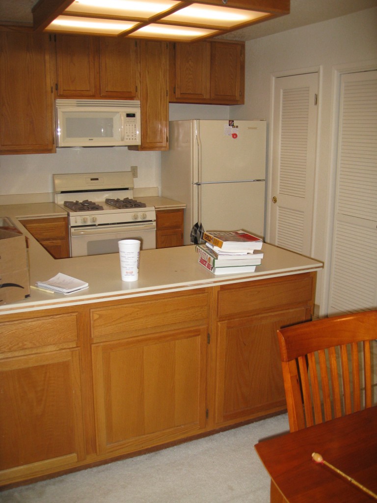 The cooking area is separated from the eating area by a peninsula.