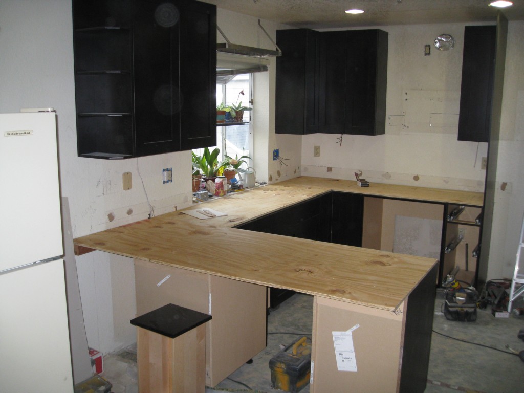 A plywood counter top was installed so my real counter top manufacturer (Caesar Stone) can measure on Monday to start making the counter.